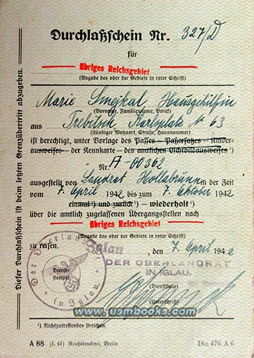 1942 Durschlaßschein Marie Smejkal, Iglau
