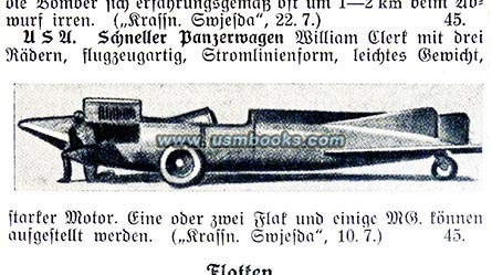 USA 3-wheeled streamlined flying armored car with two Flak or several machine guns, Militär-Wochenblatt 12 August 1938