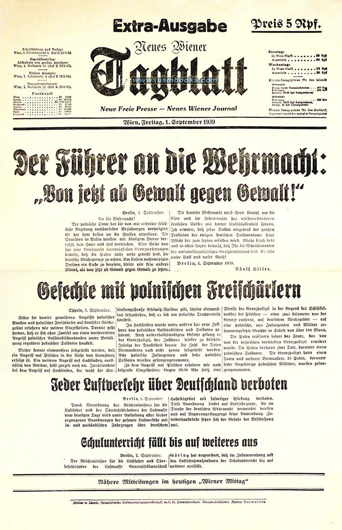 1 September 1939 war announcement Neues Wiener Tagblatt
