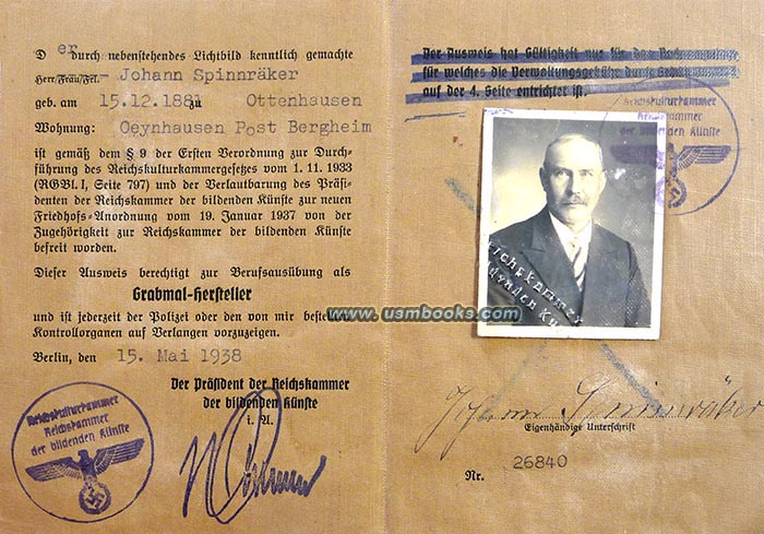 1938 RKK Ausweis Johann Spinnräker, Grabmal-Hersteller Oeynhausen