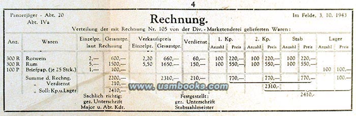 1943 bill for wine, rum and stationary to Panzerjäger Ersatz Abteilung 20 at the front